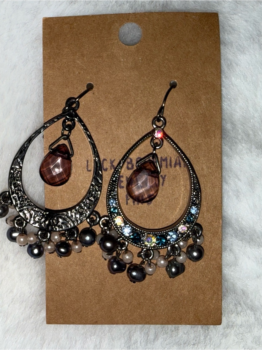 Vintage Black Teardrop Earrings with Brown Faceted Drops